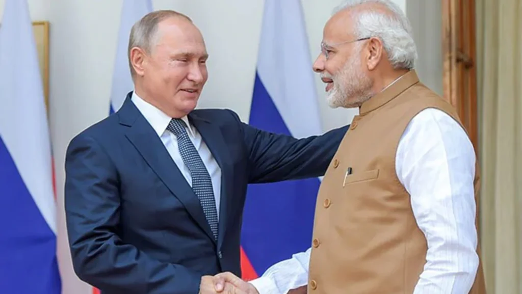 Flags of Russia and India displayed together, symbolizing diplomatic relations, defense cooperation, and strategic partnerships, including collaborations like the S-400 missile system deal.